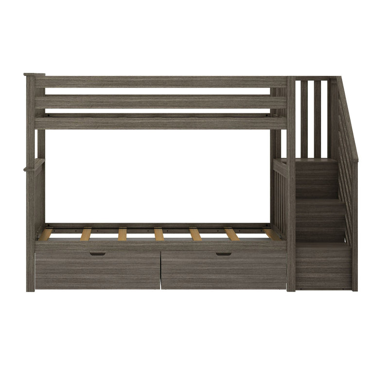 Loft-style gray wood twin-over-twin bunk bed with stairs, built-in storage drawers and wooden slat support — kids bedroom bed frame