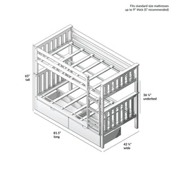 White wooden bunk bed dimensions diagram, featuring measurements: 65 inches tall, 81.5 inches long, 42.5 inches wide, with 36 ¾ inches under bed storage space.