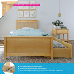 Solid New Zealand Pine Bed with Trundle and Plywood Slats in Modern Bedroom Decor.