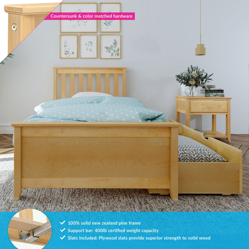 Solid New Zealand pine single platform bed with underbed trundle storage, light wood finish, blue polka-dot bedding, matching pine nightstand with vase and framed botanical wall art — plywood slats, countersunk color‑matched hardware and 400lb support bar