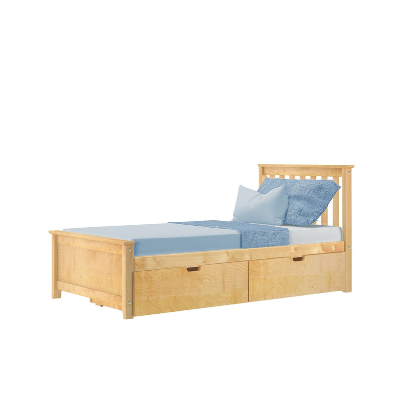Light wood twin bed with slatted headboard and two under-bed storage drawers, styled with light blue sheets and pillows — space-saving bedroom furniture