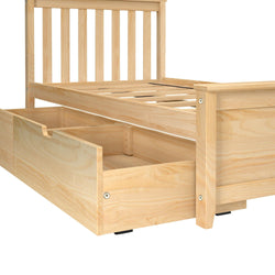 Wooden bed frame with built-in storage drawers, ideal for maximizing bedroom space.