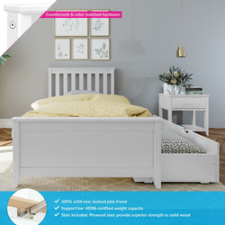 White wooden bed with yellow polka dot duvet, featuring New Zealand pine frame, plywood slats, and 400lb weight capacity in a modern bedroom setting.