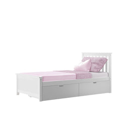 White wooden twin bed with pink bedding and under-bed storage drawers.
