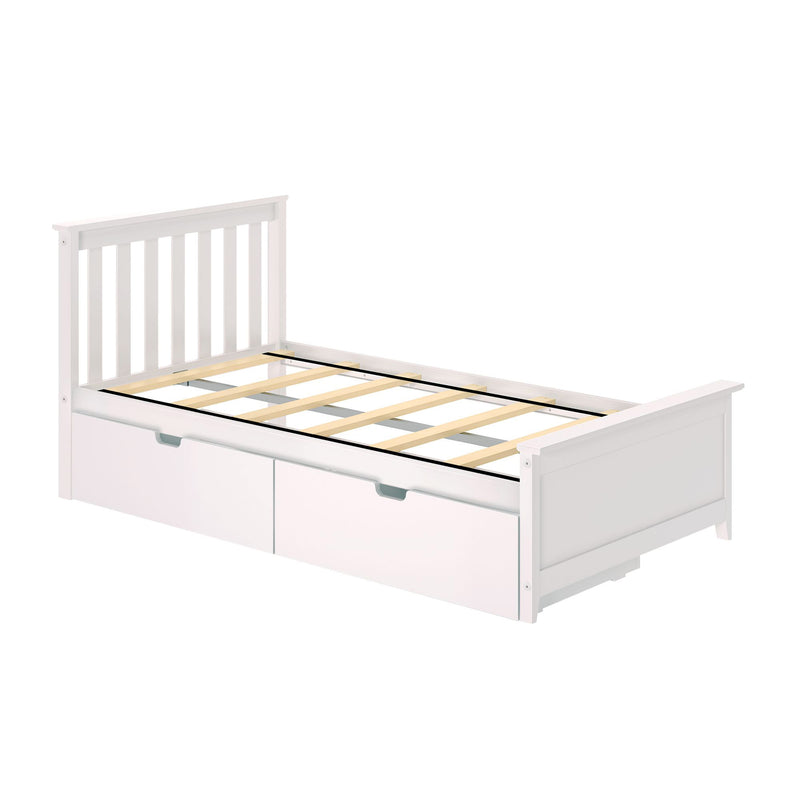 Modern white wooden storage bed frame with slatted headboard, visible wooden mattress slats and built-in under-bed drawers for bedroom storage
