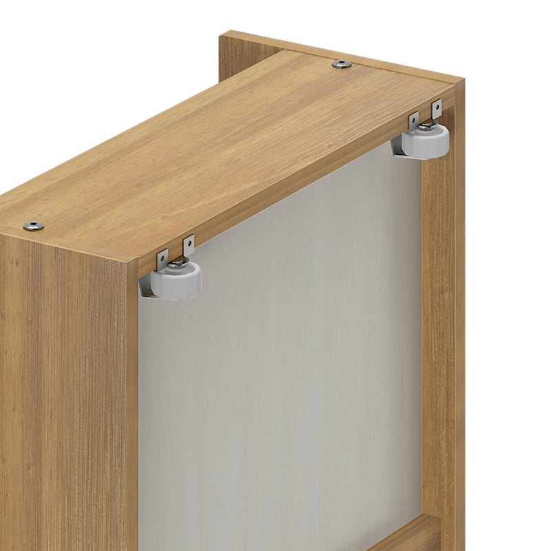 Top corner of light oak sliding wardrobe door showing nylon roller hardware and metal mounting brackets