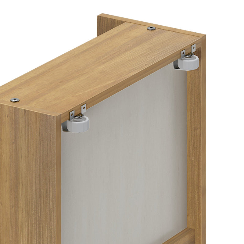 Top corner of light oak sliding wardrobe door showing nylon roller hardware and metal mounting brackets