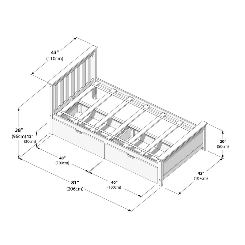 Twin-size wooden storage bed frame with slatted headboard, central slat supports and two underbed pull-out drawers — dimensional diagram with assembly measurements