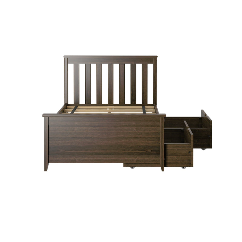 Wood platform bed with storage drawers, dark brown slatted headboard and underbed pull-out drawers on casters, modern rustic bedroom frame.