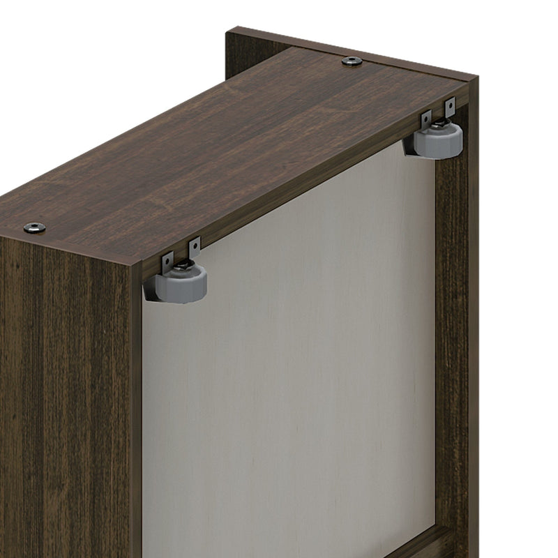Dark walnut wood cabinet with cream back panel and two gray adjustable mounting brackets for wall hanging and leveling