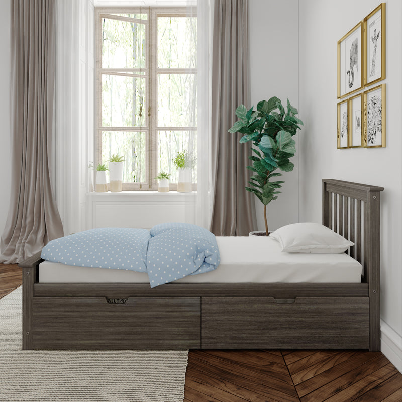 Minimalist bedroom interior with wooden storage bed, light-blue polka-dot duvet, potted plants on windowsill, fiddle-leaf fig, neutral curtains and framed animal art