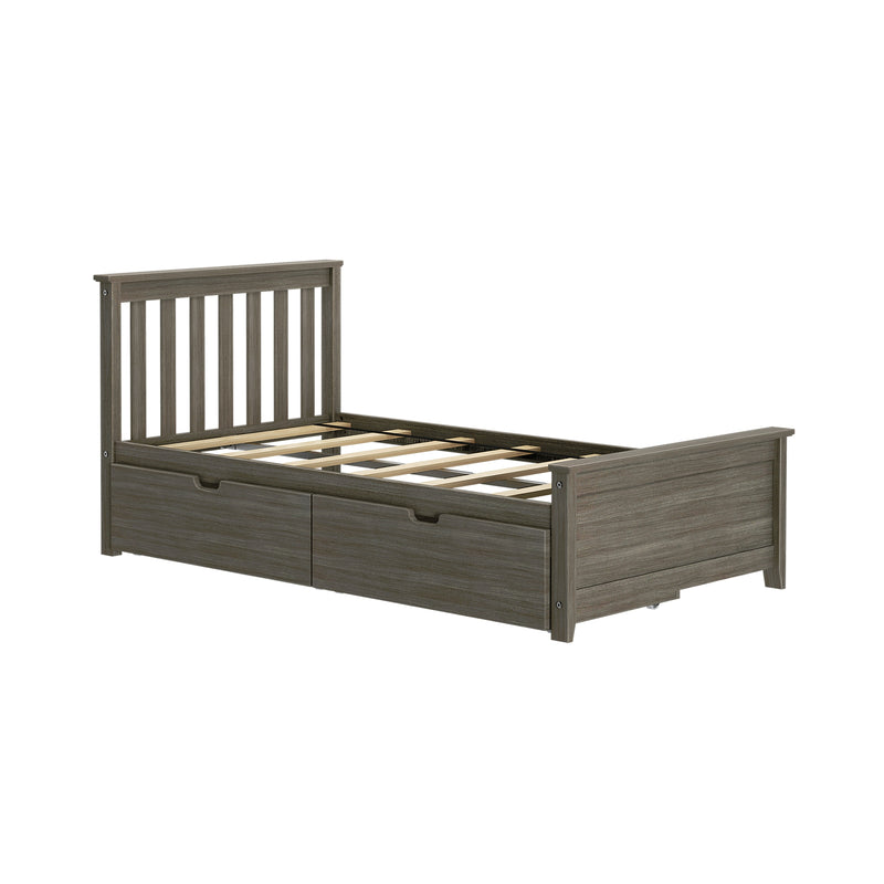 Wooden platform bed frame with slatted headboard and two under-bed storage drawers in gray oak finish, exposed wooden slats and no mattress
