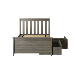 Modern gray wooden bed frame with slatted headboard and built-in storage drawers.