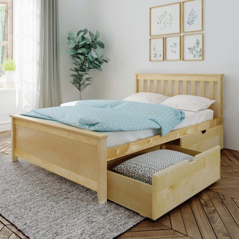 Light wood storage bed with open under-bed drawer, blue polka-dot duvet and white pillows in a bright minimalist bedroom with indoor plant and framed botanical wall art
