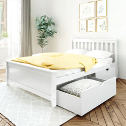White wooden bed frame with yellow polka dot duvet and under-bed storage drawer in modern bedroom.