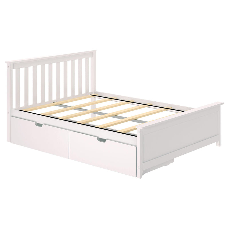 White wooden platform bed frame with slatted headboard, wooden slat mattress support and two under-bed storage drawers — modern farmhouse bedroom furniture