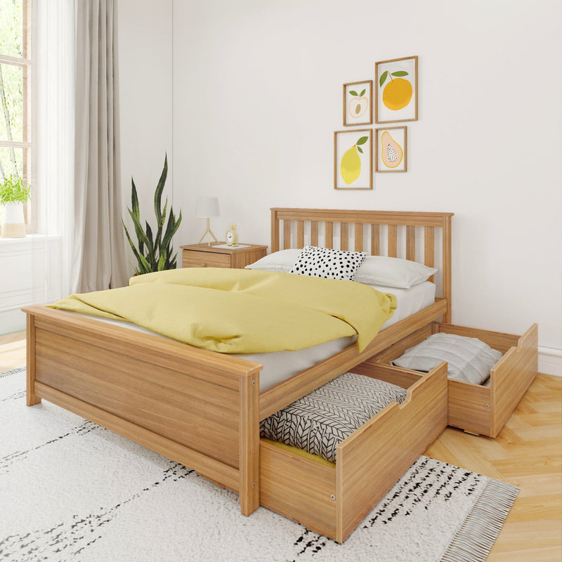 Modern natural wood storage bed with two under-bed drawers, yellow duvet, bedside table, indoor plant and fruit wall art