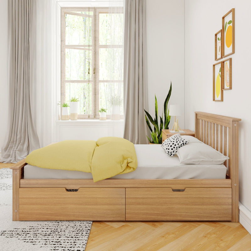Bright Scandinavian bedroom with oak storage platform bed, yellow duvet, white pillows, indoor plants, large sunlit window and minimalist citrus wall art