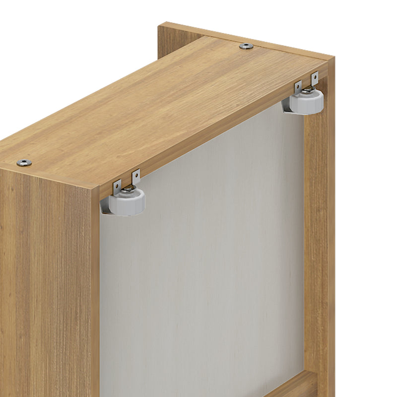 Close-up of oak veneer cabinet corner showing sliding door roller hardware, metal mounting brackets and top screws on light wood furniture