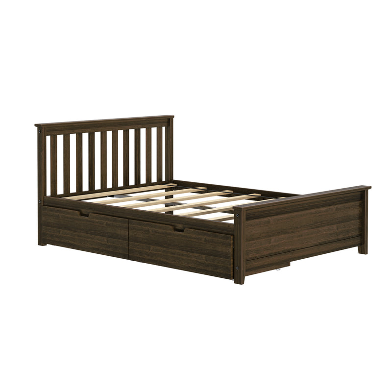 Dark walnut wooden platform bed frame with vertical slatted headboard, exposed slats and built-in under-bed storage drawers, rustic contemporary design