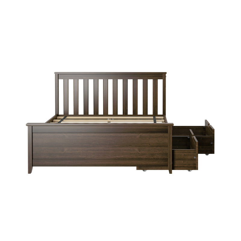 Dark brown wooden platform bed with vertical slatted headboard and built-in under-bed storage drawers