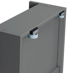 Close-up of industrial grey cabinet hinges and locking mechanism on a durable metal structure.