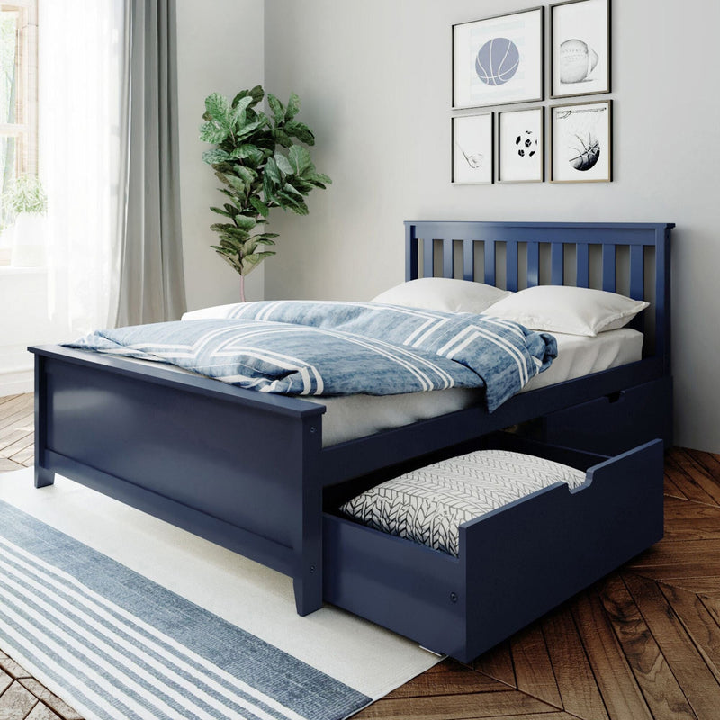 Navy blue wooden bed with underbed storage trundle and blue striped duvet in a bright modern coastal bedroom with fiddle-leaf plant and sports-themed wall art