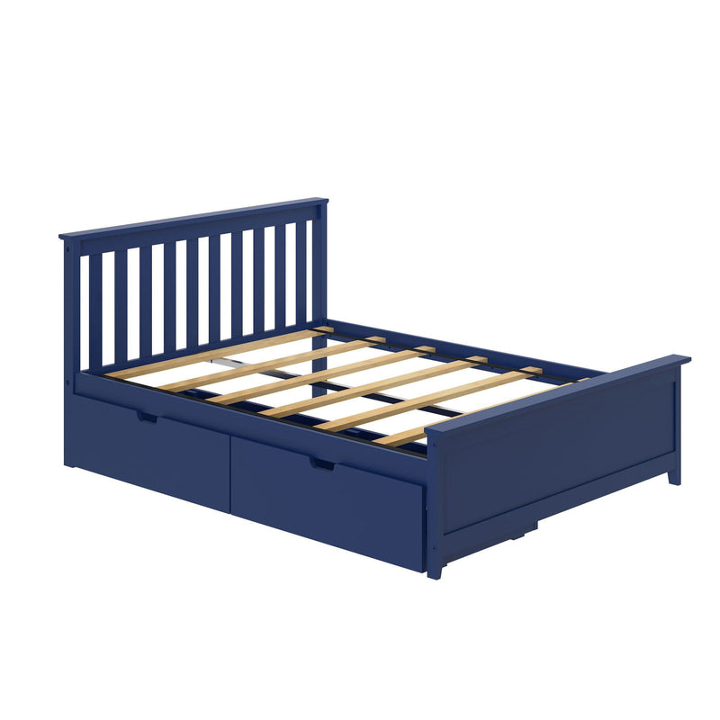 Navy blue wooden platform bed frame with slatted headboard, exposed wooden slats and built-in under-bed storage drawers