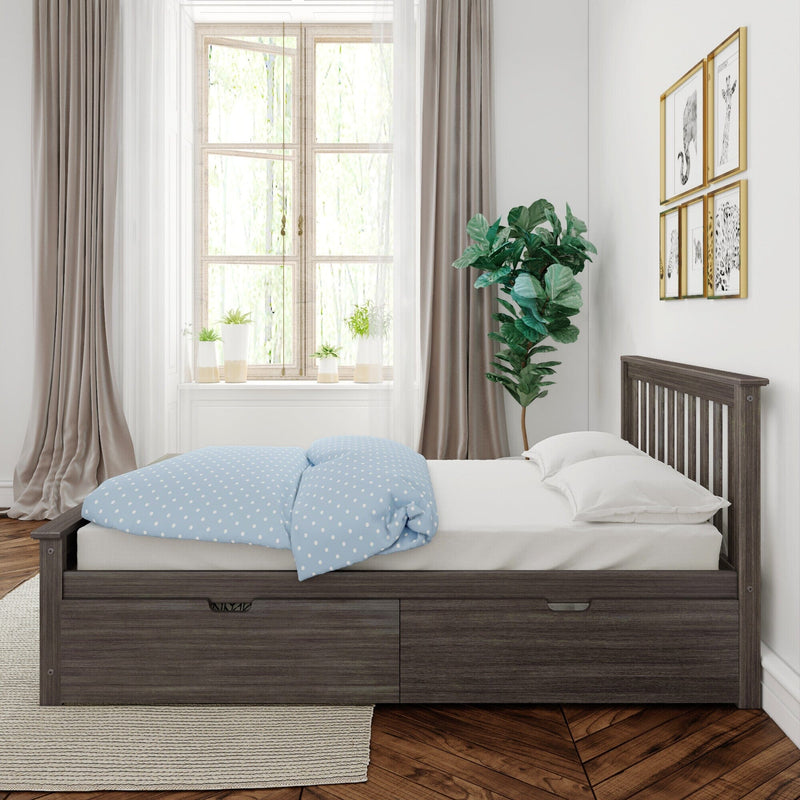Modern cozy bedroom with dark wood platform bed and under-bed storage, blue polka-dot duvet, large window with potted plants, sheer curtains and gallery animal prints