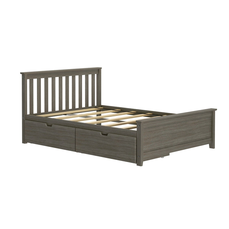 Gray oak wood platform bed frame with slatted headboard, wooden mattress slats and built-in under-bed storage drawers, modern bedroom furniture