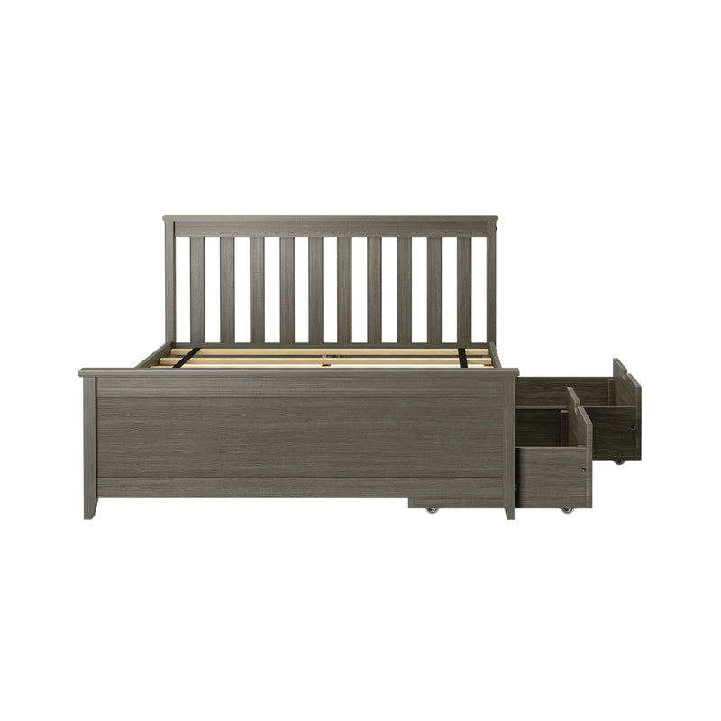 Gray wooden platform bed frame with slatted headboard and under-bed pull-out storage drawers, modern rustic bedroom furniture