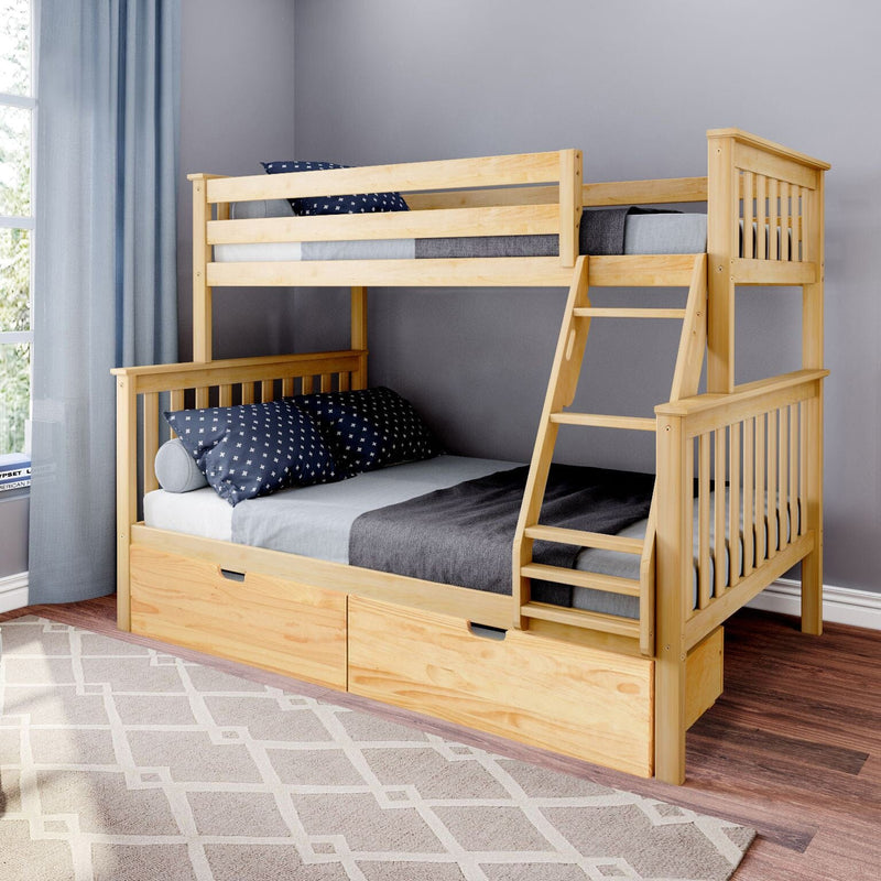 Natural light wood twin-over-full bunk bed with built-in ladder and under-bed storage drawers in a modern kids' bedroom with gray bedding and navy star pillows