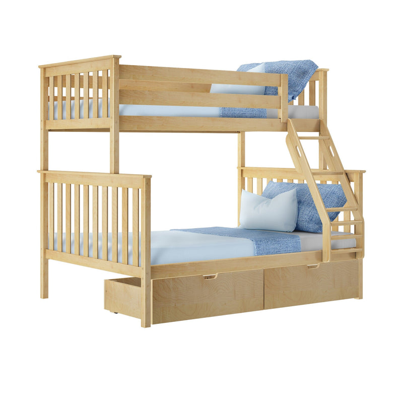Wooden twin-over-twin bunk bed in light maple finish with ladder, built-in under-bed storage drawers and blue bedding for kids' room