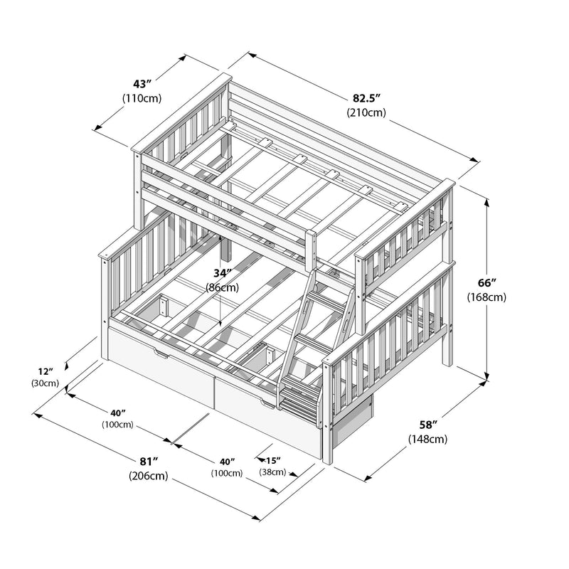 Twin-over-full wooden bunk bed assembly diagram showing ladder, guard rails and under-bed storage drawers with detailed measurements in inches and cm