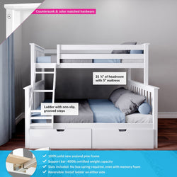 White wooden bunk bed with non-slip ladder and storage drawers, featuring a solid pine frame, 400lb weight capacity, and reversible ladder installation.