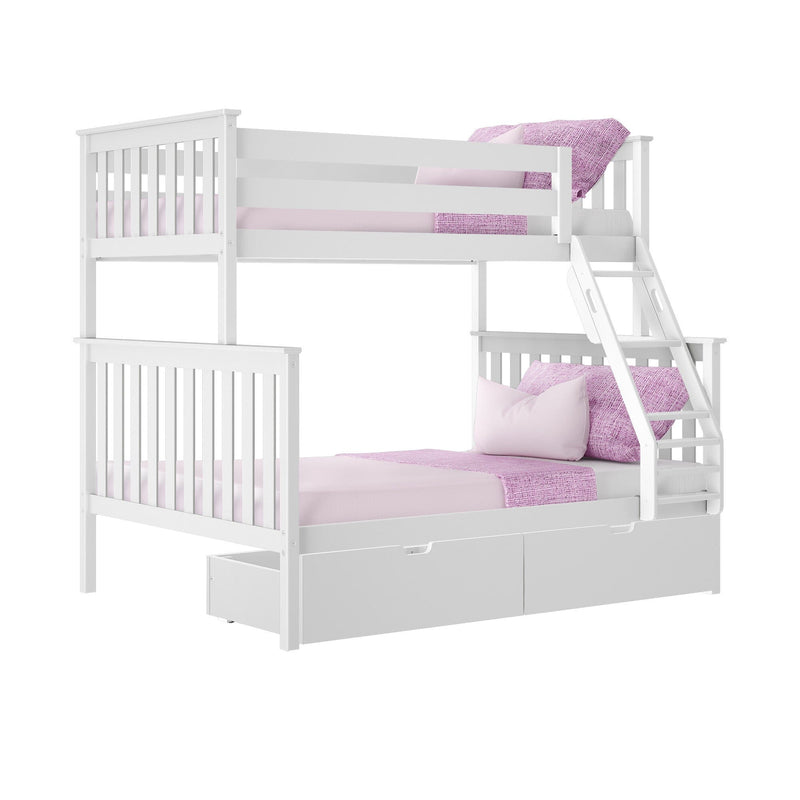 White wooden twin-over-twin bunk bed with ladder, slatted headboards, pink bedding and pillows, and under-bed storage drawers for kids' bedroom