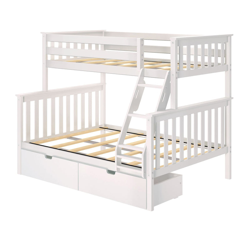 White wooden twin-over-full bunk bed frame with ladder, slatted headboards and footboards, and two under-bed storage drawers — modern space-saving kids' bedroom furniture