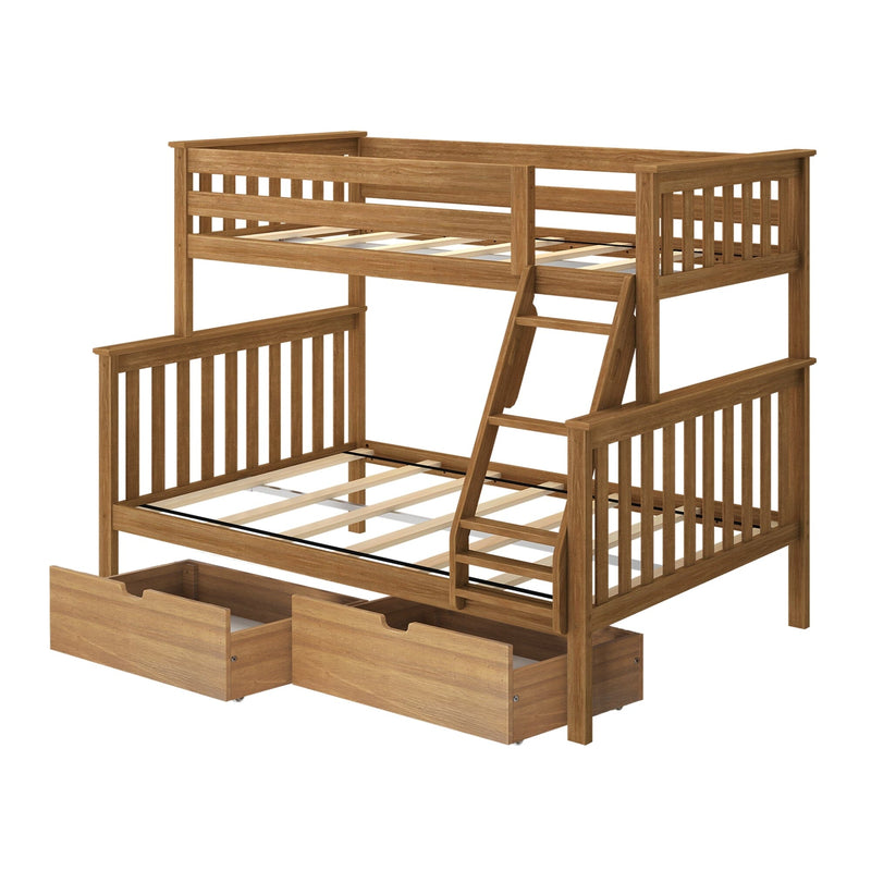 Natural oak-finish wooden bunk bed with ladder, slatted mattress support and two underbed storage drawers on casters — loft-style kids’ bedroom furniture, space-saving design