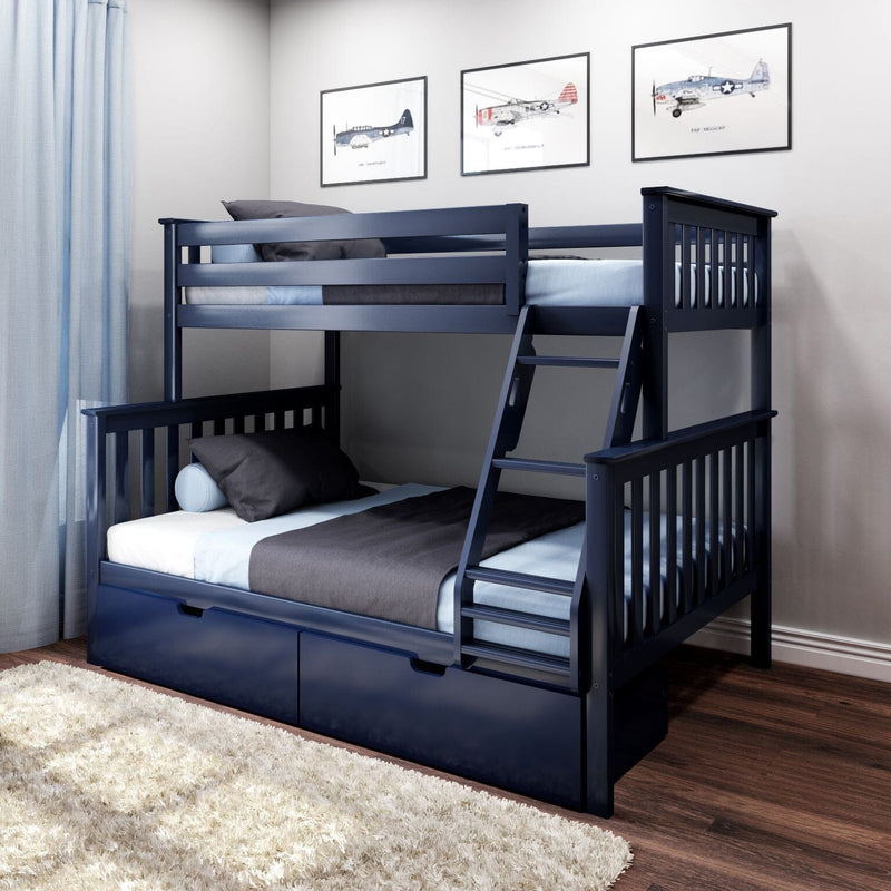 Navy blue wooden bunk bed with ladder and under-bed drawers in modern kids' bedroom with airplane wall art, light blue curtains and shag rug