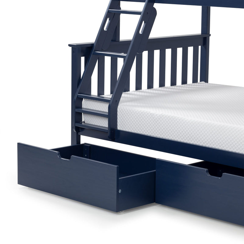 Navy blue wooden twin-over-twin bunk bed with built-in ladder, white mattress and pull-out under-bed storage drawers for space-saving kids bedroom furniture
