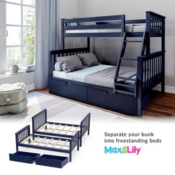 Blue twin over full bunk bed with storage drawers and ladder, convertible to two freestanding beds in a modern bedroom setting.