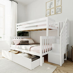 White wooden bunk bed with storage drawers in a bright, modern bedroom.