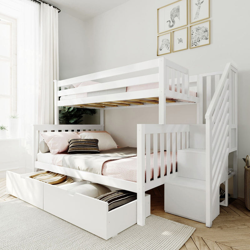 White wooden bunk bed with stairs and pull-out storage drawers in a bright minimalist kids' bedroom with pink bedding and framed animal prints