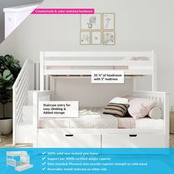 White wooden bunk bed with staircase, built-in storage, and solid New Zealand pine frame, featuring a 31 1/4" headroom with a 5" mattress. Ideal for children's bedrooms.