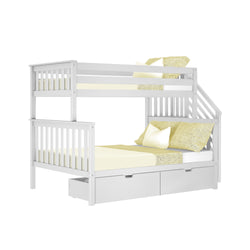 White wooden bunk bed with storage drawers and yellow bedding for kids' room.