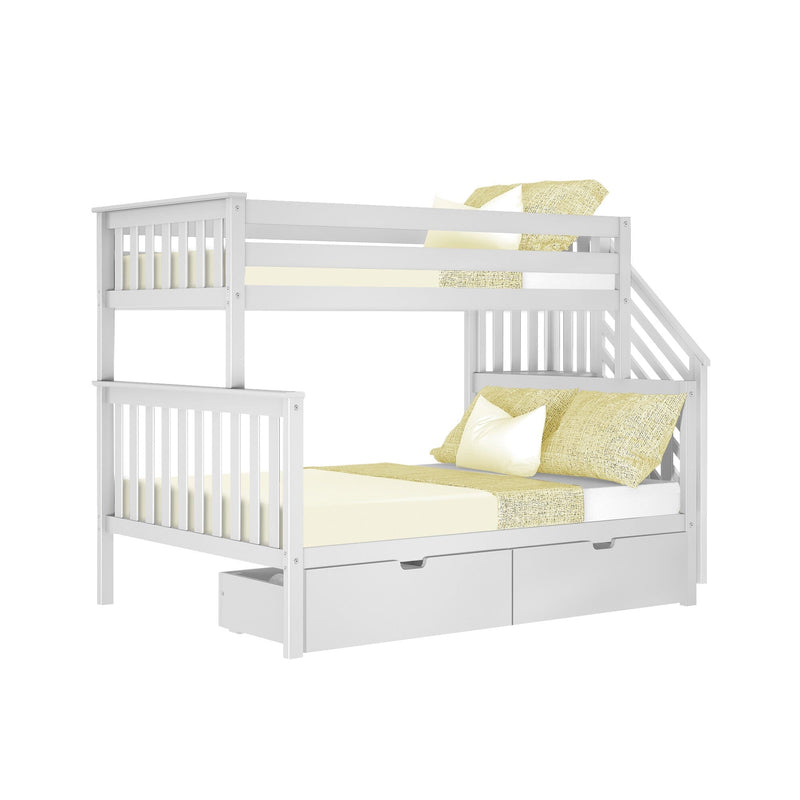 White wooden twin-over-full bunk bed with side staircase and two under-bed storage drawers, modern kids' bedroom furniture with yellow pillows and bedding