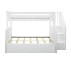 White wooden bunk bed with stairs and storage drawers, ideal for space-saving children's bedrooms.