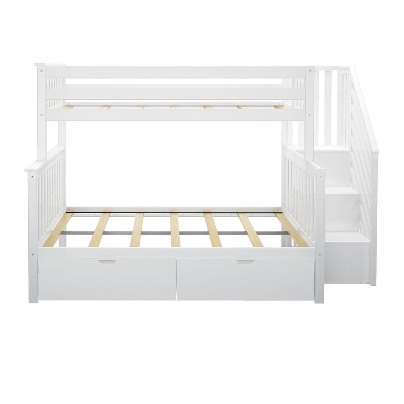 White wooden bunk bed with stairs and storage drawers, ideal for space-saving children's bedrooms.