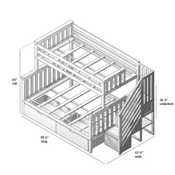 Diagram of a white bunk bed with dimensions: 65 inches tall, 99.5 inches long, 57.75 inches wide; features underbed storage and side stairs.