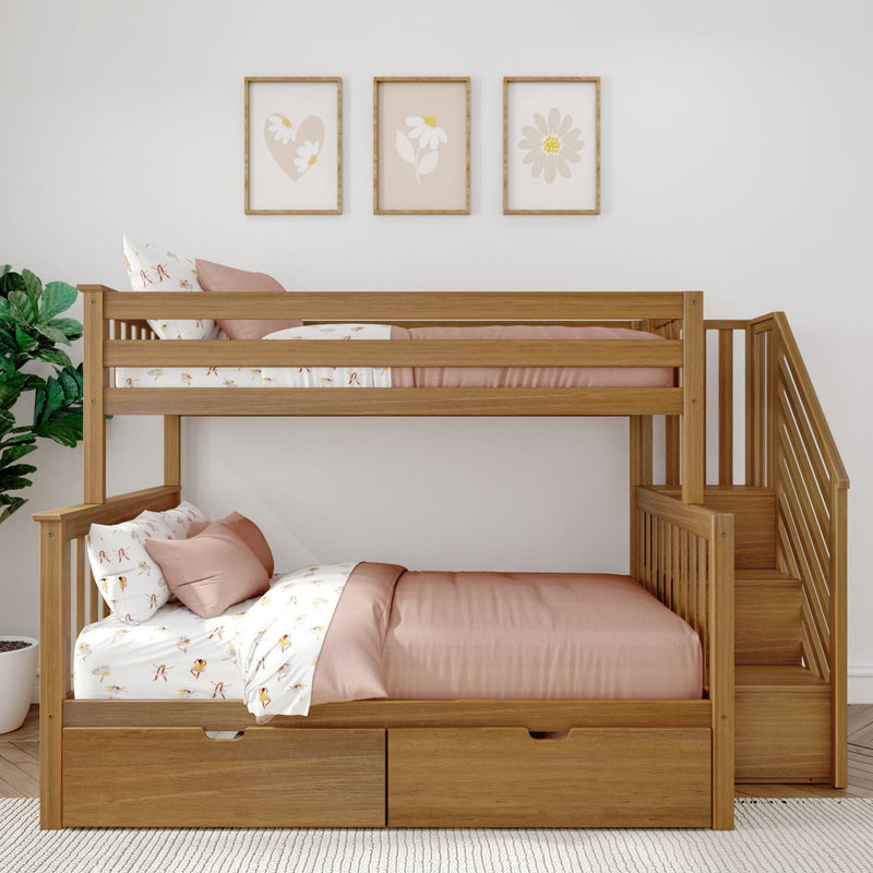Loft-style wooden bunk bed with stairs, pink bedding and floral sheets, built-in storage drawers and botanical framed wall art in a modern kids' bedroom